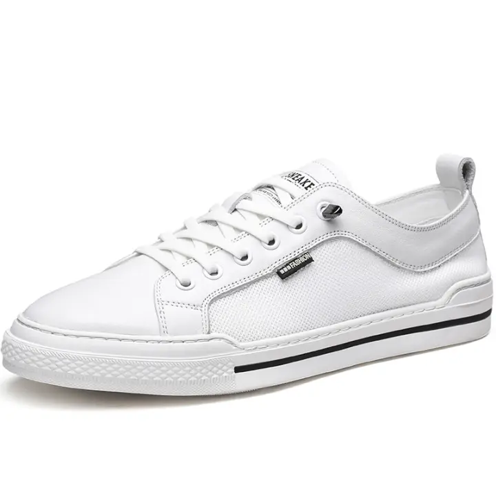 Zapatos de cuero de tendencia con cabeza redonda de malla casual de caña baja para uso diario, zapatos blancos pequeños tipo skate. - 1