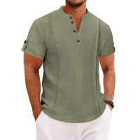 Camisa casual de manga corta para hombre, jersey de manga corta vintage plisado con cuello en V y botones de color sólido para hombre - details 0