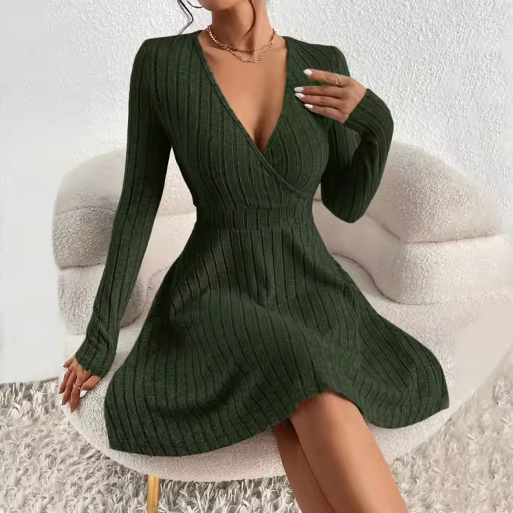 Vestido de manga larga con tejido de cintura baja de cuello V de mujer - 1
