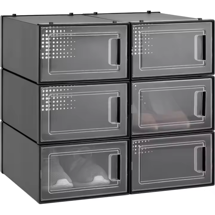 Cajas para almacenaje apilables - Set de 6X Caja de Zapatos Negra con Tapa Transparente - Organizador de plástico para Guardar Zapatos Ropa - 1