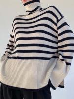 Autumn winter vintage women sweater casual striped turtleneck loose knitted split top pullovers - details 5