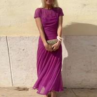 Elegante Vestido de Fiesta de Moda Manga Corta, Cuello O, Vestido Largo con Pliegues y Parches de Malla Ropa de Comodidad Casual para Mujeres - details 1