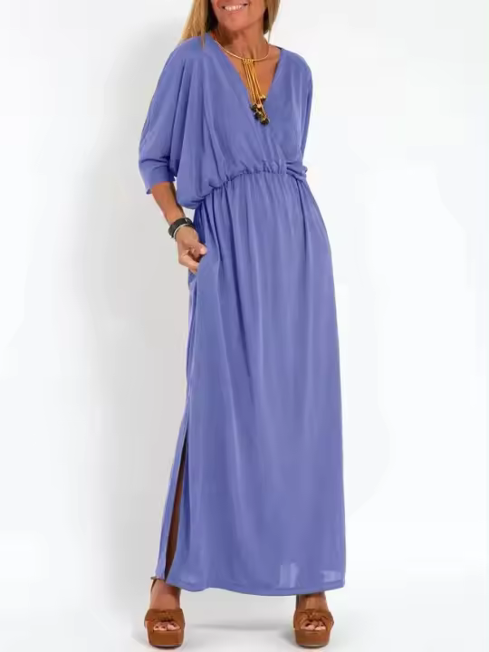 Vestido de verano nuevo de moda de color sólido con cintura alta y cuello en V dividido. - 1