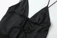 TRAFZA-Top corto de satén de seda con cuello en V para mujer, Top Sexy con textura, Color sólido, chaleco con lazo, Top corto sin mangas, 2024 - details 6
