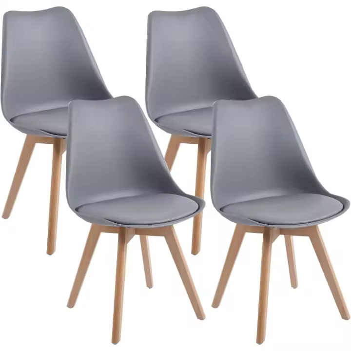 Comedor escandinava, Silla de Oficina Retro, Asiento Acolchado de Haya Maciza (Gris, Lote de 4) - 1
