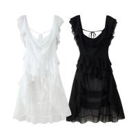 Vestido elegante con volantes y espalda descubierta para mujer, cuello oblicuo, sin mangas, con cordones, dobladillo irregular, largo hasta el suelo, vestidos para mujer de primavera - details 1