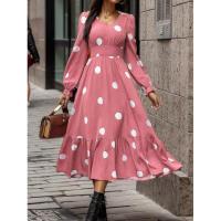 Moda femenina 2024 Primavera Vestido acampanado de manga larga con cuello en V y estampado de lunares - details 12