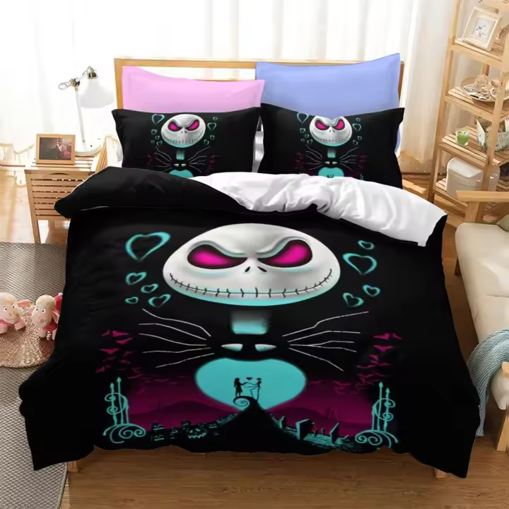 Juego de Ropa de Cama 3D Calavera Gótica Funda de Edredón Jack y Sally - 1