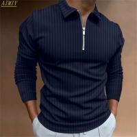 Polo deportivo informal con solapa de color liso para hombre, camisa de manga larga a rayas con cremallera, alta elasticidad, novedad Otoño/Invierno 2024 - details 10