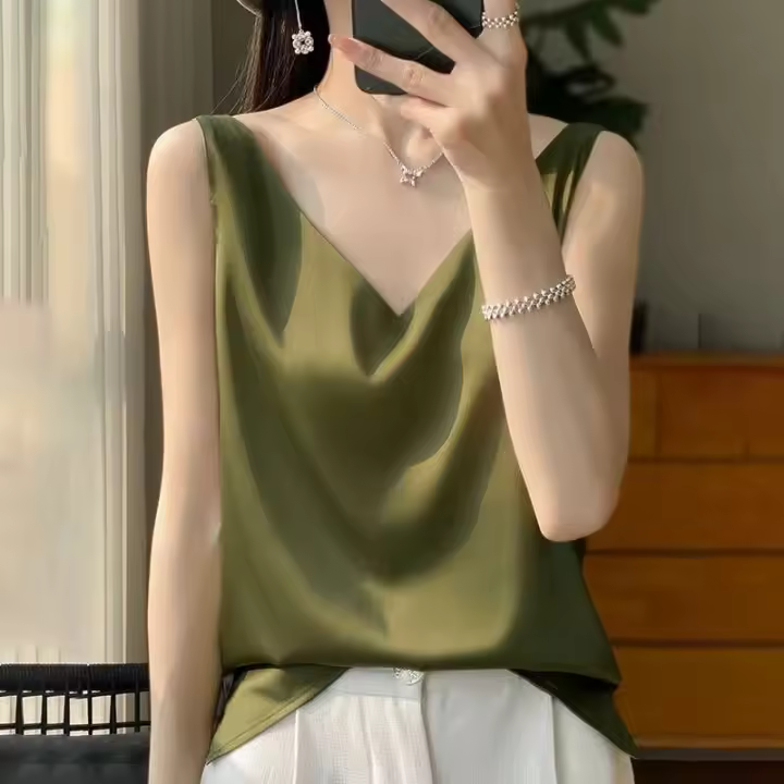 Elegante Camisola de Hombros Dobles de Seda Satén V cuello, Sin Mangas, Top Corto para Mujer, Moda Verano 2025 - 1