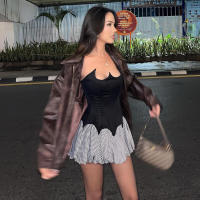 BUNO- Mini traje de falda por encima de la rodilla de calle alta para chica, sólido ajustado, falda halter sin espalda. - details 3