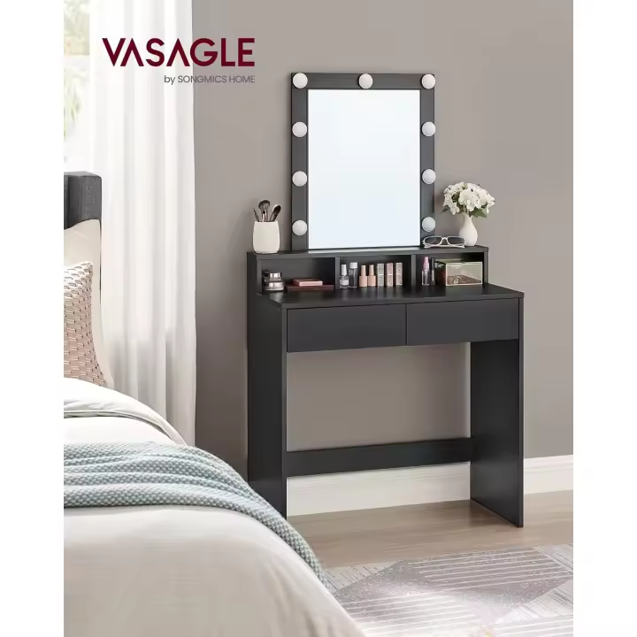Tocador, Luces LED con Brillo Ajustable, Mesa de Maquillaje con Espejo, 2 Cajones y 3 Compartimentos, Moderno, Blanco - 1