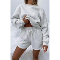 Wind Conjunto de pantalones cortos y sudadera con cuello redondo informal holgado de Color puro para mujer - details 34