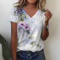 Camiseta de Manga Corta con Cuello en V Moda Blanca para Mujeres Estampado 3D de Lavanda - details 11
