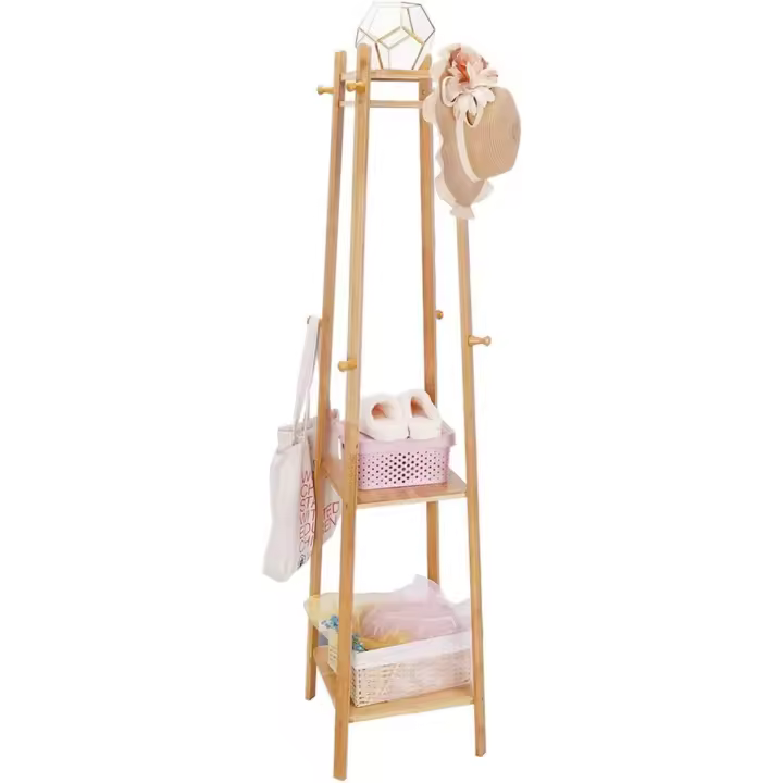 Perchero de Pie de Bambú Colgador de Ropa con Estantes para Bolsas, Sombreros, Zapatos, Canastas de Dormitorio 168x40x40cm - 1