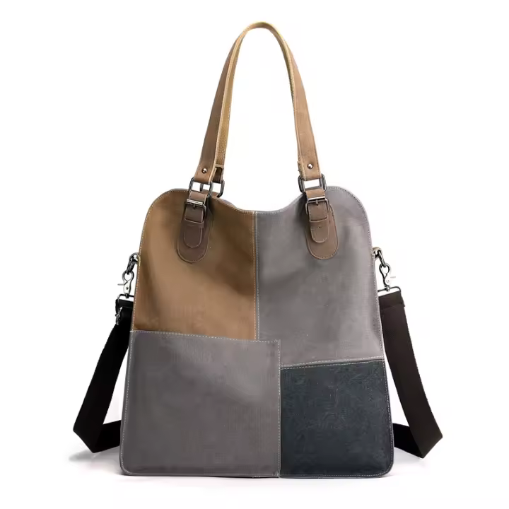 Bolsos de empalme retro para mujeres, bolsos de lona de gran capacidad, bolsos de hombro para mujeres - 1