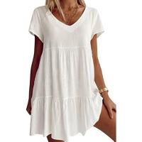Mini Vestido Sexy de Manga Corta con Cuello en V para Mujer Túnica Swing, Plisado, Color Sólido, con Volantes y Borlas, Corte en A, Informal, Suelto - details 9