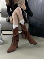 Maillard Botas vaqueras occidentales Botas cortas con flecos retro Botas medianas de tacón puntiagudo Botas ajustadas de otoño e invierno para mujer - details 3
