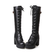 Botas altas de tacón grueso, plataforma impermeable para mujer, tacones altos, botas largas, con cordones, talla grande - details 18