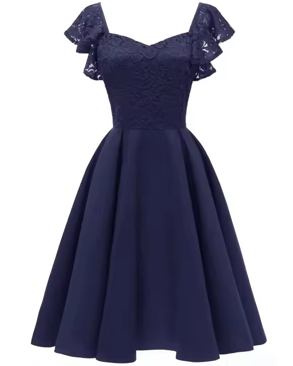 Vestido Retro para Mujer 2024 Cuello en V Sexy Encaje, Manga Corta con Volantes, Cintura Ajustada, Estilo de Fiesta de Swing - 1