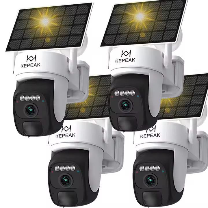 1-4PACK Cámara de vigilancia WiFi con energía solar, 360° giratoria y seguimiento automático, zoom 4X, detección de movimiento AI, visión nocturna de 4 megapíxeles, audio bidireccional, con batería, resistente al agua IP66. - 1