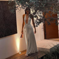 BUNO-Vestido largo sexi con escote Halter y escote en V profundo para mujer, vestido de noche elegante de retazos, vestido de noche liso ajustado sin mangas - details 5