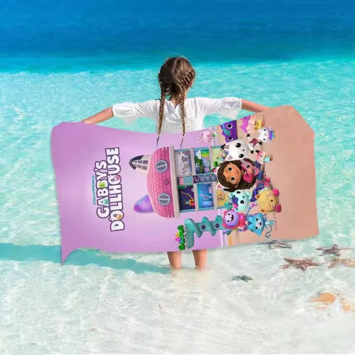 Casa de muñecas de Gabby, baño con estampado 3D de microfibra, suave, absorbente de agua, transpirable para niñas y niños, toalla de playa decorativa de dibujos animados - 1