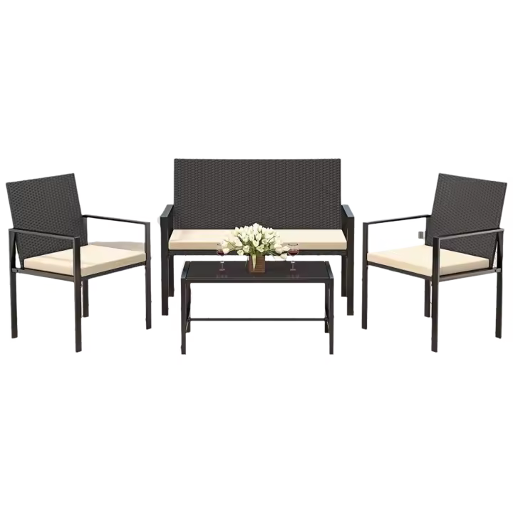Jardín de Ratán, Muebles de Jardín Exterior, Conjunto de Mesa y Sillas de Jardín de 4 Piezas, Incluye 2 Sillones, 1 Sofá de Dos Plazas - 1