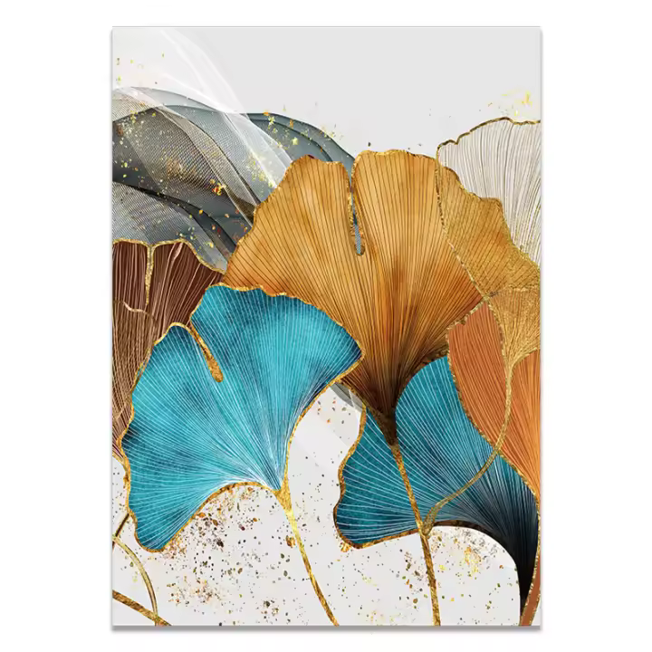 Lienzo de Pintura Moderna Nórdica en Azul y Oro con Hojas de Plantas y Ginkgo Abstracto para Decoración de Sala de Estar - 1