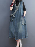 Vestidos de mujer de lujo con diseño de cinturón denim sin mangas para el verano 2023 estilo clásico de gran tamaño lavado a mano algodón forro chino - details 2