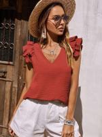 Camisa casual elegante con cuello en V para mujer, parte superior lisa con ribers de oficina, mangas de hoja de loto, verano - details 18