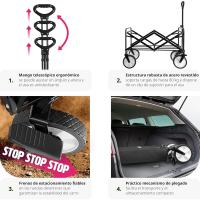 Carro Plegable para Jardín, Carro Transporte en Acero, Carrito Playa con Asa Telescópica, Carretilla Jardín con Lona Extraíble, Carro Camping Multiuso con Bolsa Transporte, Carga 80 kg, Negro - details 6