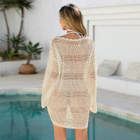 Vestido de punto para mujer, vestido playero con recorte de encaje, manga larga, envoltura de bikini, ropa de verano de ganchillo, túnica corta para nadar - details 24