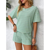 Ropa de Mujer Verano Nuevo Conjunto Deportivo de Shorts Casuales de Moda a Rayas de Punto para Mujer - details 5