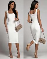 Vestido Bodycon de Moda Verano Cuello Cuadrado Kintted de Lino Khaki Vestido Mid de Moda para Mujeres Estilo Casual y Adelgazado - details 1