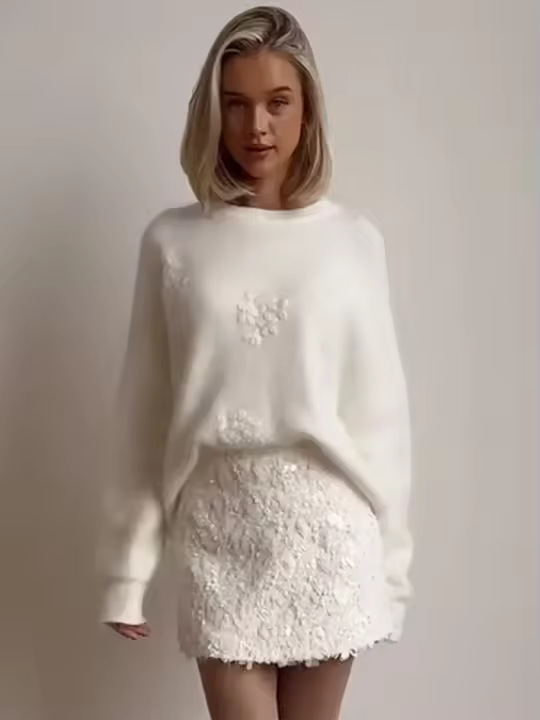 Suéter de manga G holgado con cuello redondo elegante de punto informal bordado de jacquard blanco para mujer, suéter para mujer 2024 - 1
