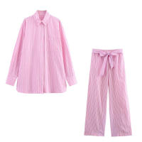 Conjuntos de Moda para Mujer OUWU Estampado a Rayas, Blusa de Manga Larga, Pantalones con Cinturón, Tallas Grandes - details 1
