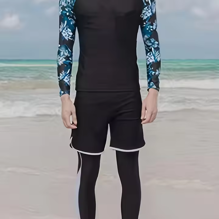Traje De Baño Para Hombres, Ajustado Y De Secado Rápido, Traje De Buceo De Manga Larga + Pantalones Cortos Activos + Leggings - 1