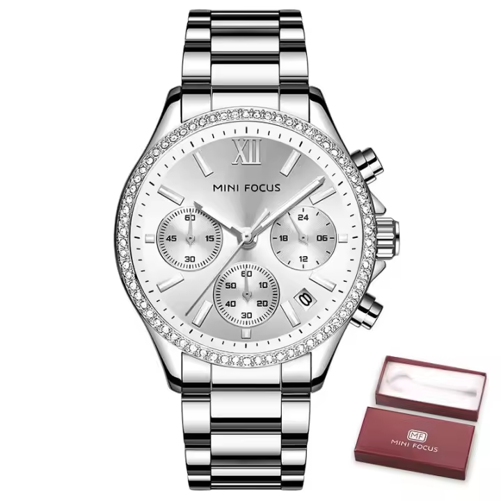 Reloj de Lujo para Mujer – Brillo Nocturno, Calendario, Brazalete de Acero Inoxidable, Elegante Reloj de Pulsera - 1