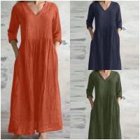 Vestidos sueltos de algodón de lino, novedad de primavera y otoño de 2024, vestido informal de media manga larga con cuello en V, vestido de estilo sencillo para mujer - details 2