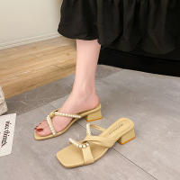 Premium zapatillas mujer desgaste exterior moda 2025 nueva perla versátil tacón medio sandalias de tacón grueso temperamento una palabra - details 3