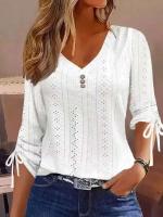 Blusa de manga larga para mujer, camisas casuales con botones y cuello en V, blusas elegantes con hebilla para mujer 2024 - details 3