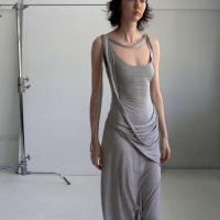 BUNO-Vestido grande de algodón puro con cuello en U para mujer, prenda informal y cómoda, con cintura irregular y falda larga adelgazante, color gris - details 1