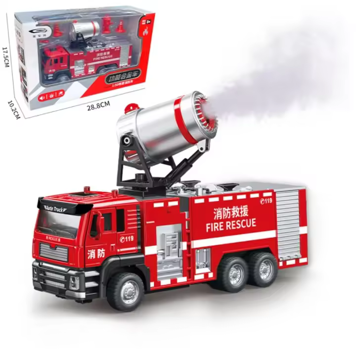 Camión de bomberos de aleación para niños, modelo de coche fundido a presión, simulación de vehículos de ingeniería de agua rociables, luz de sonido, juguete para regalo, 1/50 - 1