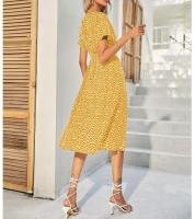 Vestido Midi de lunares para mujer, Túnica Vintage Bohemia, falda de manga corta, cuello en V, primavera, verano, azul, verde, amarillo, XL, L - details 3