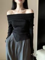 Jersey de otoño para mujer, Top Irregular con hombros descubiertos, suéter de punto negro de manga larga con base para mujer - details 10