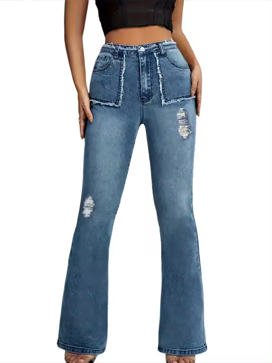 Vaqueros acampanados rotos de cintura alta para mujer, pantalones vaqueros ajustados, moda 2025 - 1