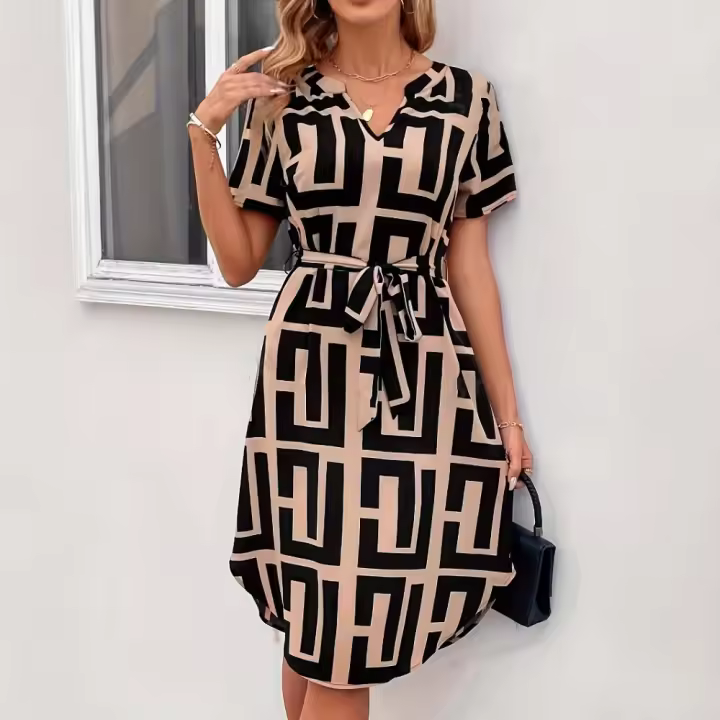 Vestido estampado de moda con cinturón y cuello en V de manga corta nuevo 2025 - 1