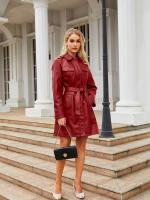 Gabardina cortavientos de piel sintética para mujer, chaquetas con cinturón, abrigo largo medio - details 12