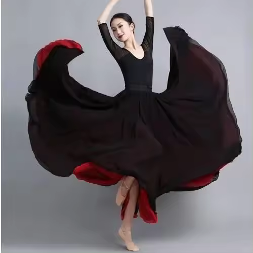 Falda baile gasa flamenca para mujer, faldas largas Color sólido 720 grados, ropa práctica bailarina, falda de estilo chino con - 1